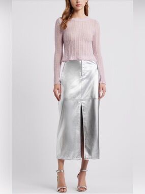 Open Edit Metallic Faux Leather MIDI Skirt